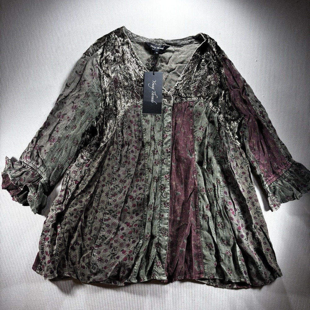 Boho Velvet Patchwork V-Neck Blouse in Olive & Burgundy - Picture 14 of 16